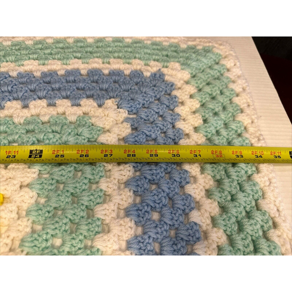 Vintage 34”Handmade Crocheted Baby Blanket-Blue/Grn/Yellow/Whi Beautifully made - Picture 4 of 7